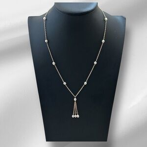 14k Solid Gold Pearl Station Lariat Necklace